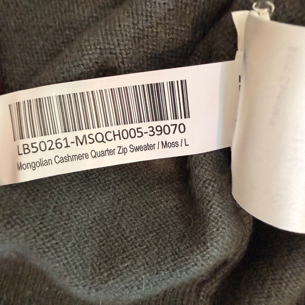 Quince Sweater Mongolian Cashmere Quarter Zip Lightweight Travel Moss Large NWOT - Picture 11 of 11
